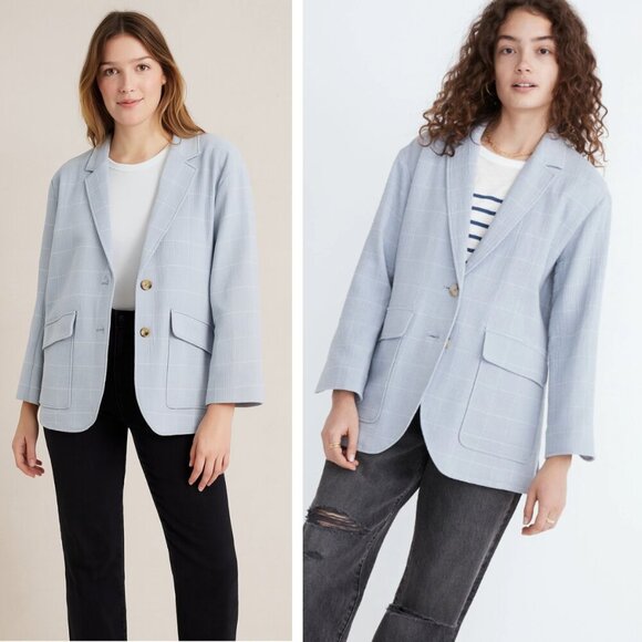 NEW Madewell Cotton-Linen Relaxed Larsen Blazer Windowpane Dusty Blue Oversized - Picture 1 of 8